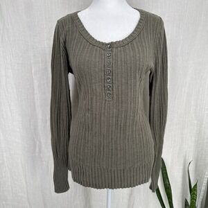 Vtg Y2K Henley Knit Sweater Top M Granola Grunge Earthy Boho Ribbed Lightweigt